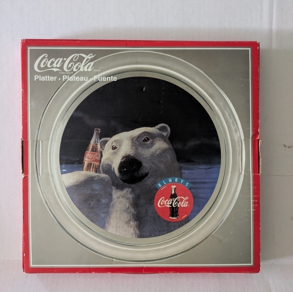 Vintage Coca-Cola Polar Bear Glass Platter In Box.